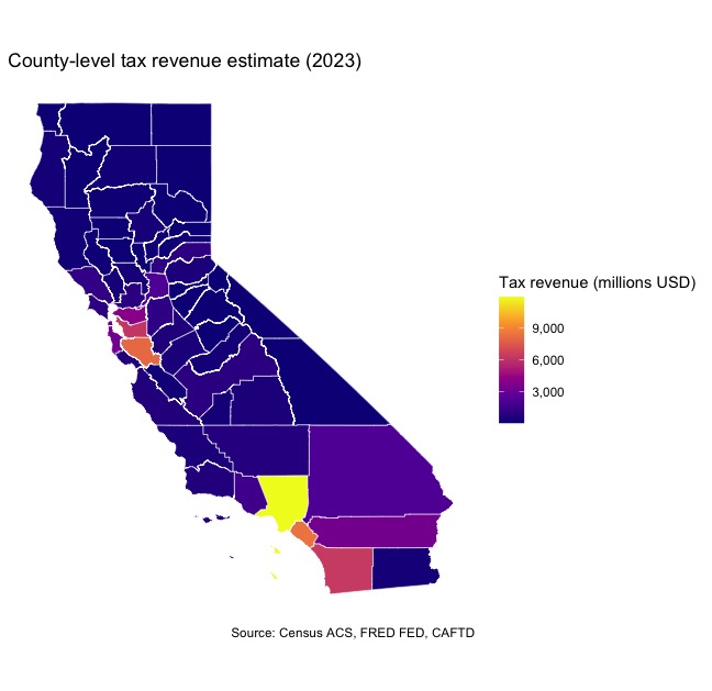 Map of CA (2023) identifying the total tax revenue to be collected per county.