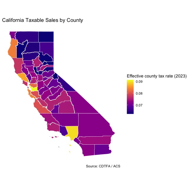 Map of CA (2023) with effective county-level tax rates, where counties may have specific sales tax measures.